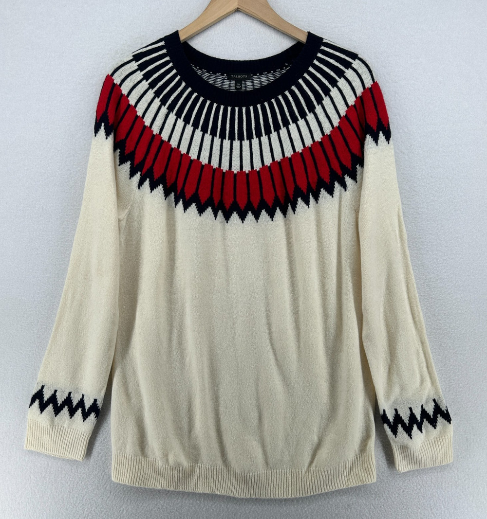 TALBOTS Sweater XL Wool Blend Nordic Fair Isle Pullover Jumper Off White